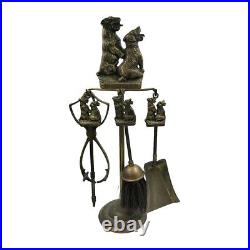 Antique English Brass Sealyham Terrier Companion Fireplace Tools And Stand