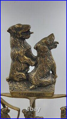 Antique English Brass Sealyham Terrier Companion Fireplace Tools And Stand