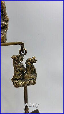 Antique English Brass Sealyham Terrier Companion Fireplace Tools And Stand