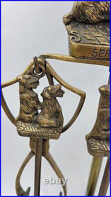 Antique English Brass Sealyham Terrier Companion Fireplace Tools And Stand