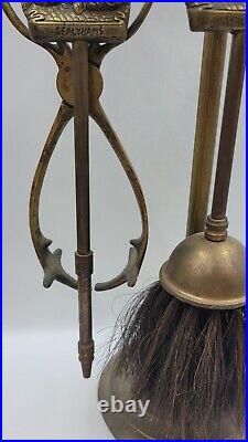 Antique English Brass Sealyham Terrier Companion Fireplace Tools And Stand