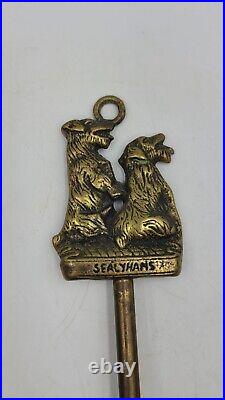 Antique English Brass Sealyham Terrier Companion Fireplace Tools And Stand