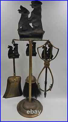 Antique English Brass Sealyham Terrier Companion Fireplace Tools And Stand