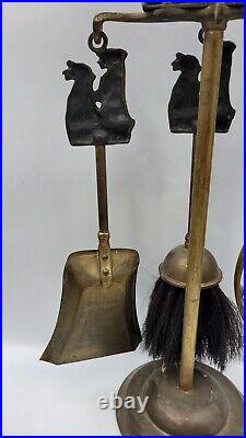 Antique English Brass Sealyham Terrier Companion Fireplace Tools And Stand