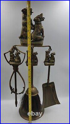 Antique English Brass Sealyham Terrier Companion Fireplace Tools And Stand