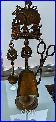 Antique English Coal Brass Fireplace Set 4pc. Nautical Theme Clipper Ship