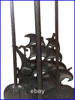 Antique English Fire Place Tool Set Cast Iron Black Ship Design Shovel And Poker