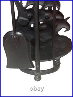 Antique English Fire Place Tool Set Cast Iron Black Ship Design Shovel And Poker