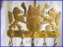 Antique English Fireplace Tool Set And Lion Crested Candelabra. Solid brass