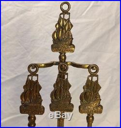 Antique English Mini Brass Mayflower Fireplace Tool Set Shovel Poker Brush Stand