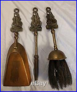 Antique English Mini Brass Mayflower Fireplace Tool Set Shovel Poker Brush Stand
