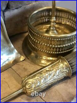 Antique English Solid Brass Fireplace Tool Set Unique Enclosed Brush Victorian