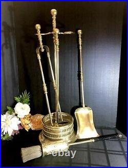 Antique English Solid Brass Fireplace Tool Set Unique Enclosed Brush Victorian