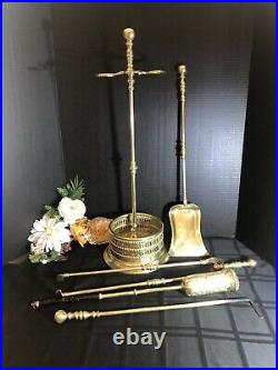 Antique English Solid Brass Fireplace Tool Set Unique Enclosed Brush Victorian