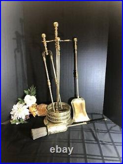 Antique English Solid Brass Fireplace Tool Set Unique Enclosed Brush Victorian