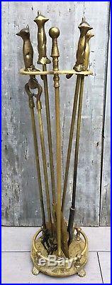 Antique English Solid Brass Fox Fireplace 5-Piece Tools Set with Stand c. 1920