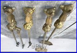Antique English Solid Brass Fox Fireplace 5-Piece Tools Set with Stand c. 1920