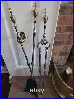 Antique English Steel and Brass (3pc) Set Fireplace Tools Circa 1700