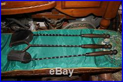 Antique Fireplace 3 Piece Tool Set WithStand-Wood Handles-Twisted Metal-Hearthware