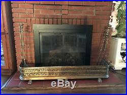 Antique Fireplace Fender Brass Lions Paw Feet Regency Screen Original Tool Set