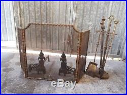 Antique Fireplace Set French Victorian Gilt bronze set Andiron Screen Tools 19th