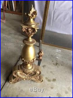 Antique Fireplace Set French Victorian Style Cast Andiron Screen Tools Flame Top