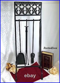 Antique Fireplace Tool Set Arts & Crafts Acorn Motif Cast Iron 5 piece