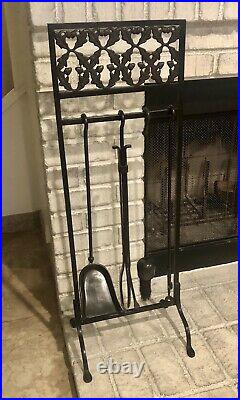 Antique Fireplace Tool Set Arts & Crafts Acorn Motif Cast Iron 5 piece