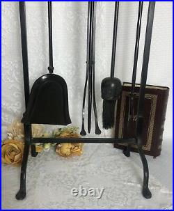 Antique Fireplace Tool Set Arts & Crafts Acorn Motif Cast Iron 5 piece