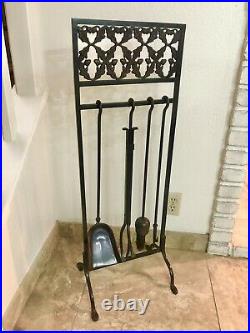 Antique Fireplace Tool Set Arts & Crafts Acorn Motif Cast Iron 5 piece