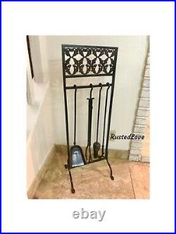 Antique Fireplace Tool Set Arts & Crafts Acorn Motif Cast Iron 5 piece