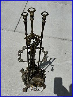 Antique Fireplace Tool Set French Baroque Hunting Dog & Rifle Solid Brass (rm)