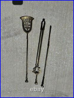 Antique Fireplace Tool Set French Baroque Hunting Dog & Rifle Solid Brass (rm)