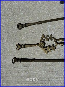 Antique Fireplace Tool Set French Baroque Hunting Dog & Rifle Solid Brass (rm)