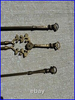 Antique Fireplace Tool Set French Baroque Hunting Dog & Rifle Solid Brass (rm)