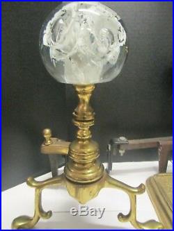 Antique Fireplace Tools Andirons Set Glass Ball Paperweight Zimmerman
