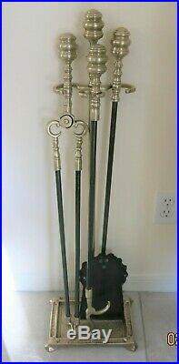 Antique Fireplace Tools C. 1830 Set Of American Brass, Steel Tools With Stand