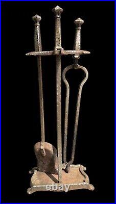 Antique Fireplace Tools Peerless 902 Hand Forged Hammered Brass Quality Set Of 3