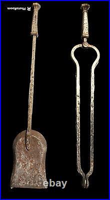 Antique Fireplace Tools Peerless 902 Hand Forged Hammered Brass Quality Set Of 3