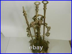 Antique French Brass Fireplace Tool Set Hunting Motif