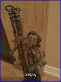 Antique French Brass Fireplace Tool Set Hunting Motif