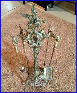 Antique French Brass Griffon Ornate Fireplace Tool Set Victorian REDUCED Read