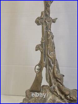 Antique French Brass Ornate Fireplace Tool Set Hunting Motif Rifle Dog Bugle