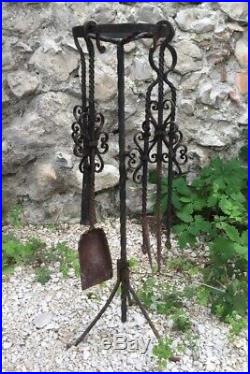 Antique French Fireplace Set Fire Tools Tongs Shovel StandHand Made Wrought Iron