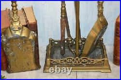 Antique French Fireplace Tools Set Brass Acanthus Scroll Shovels Tongs Poker 6pc