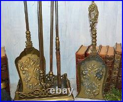 Antique French Fireplace Tools Set Brass Acanthus Scroll Shovels Tongs Poker 6pc