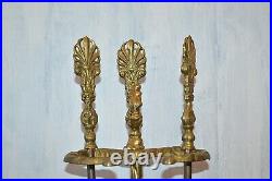 Antique French Fireplace Tools Set Brass Figural Lion Head Palmettes
