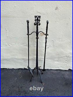 Antique French Gothic Scroll Wrought Forged Iron Fireplace Tool Companion Set