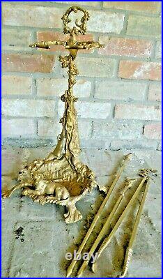 Antique French Heavy Brass Fireplace Tool Set Hunting Motif Dog, Gun