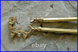 Antique French Heavy Brass Fireplace Tool Set Hunting Motif Dog, Gun